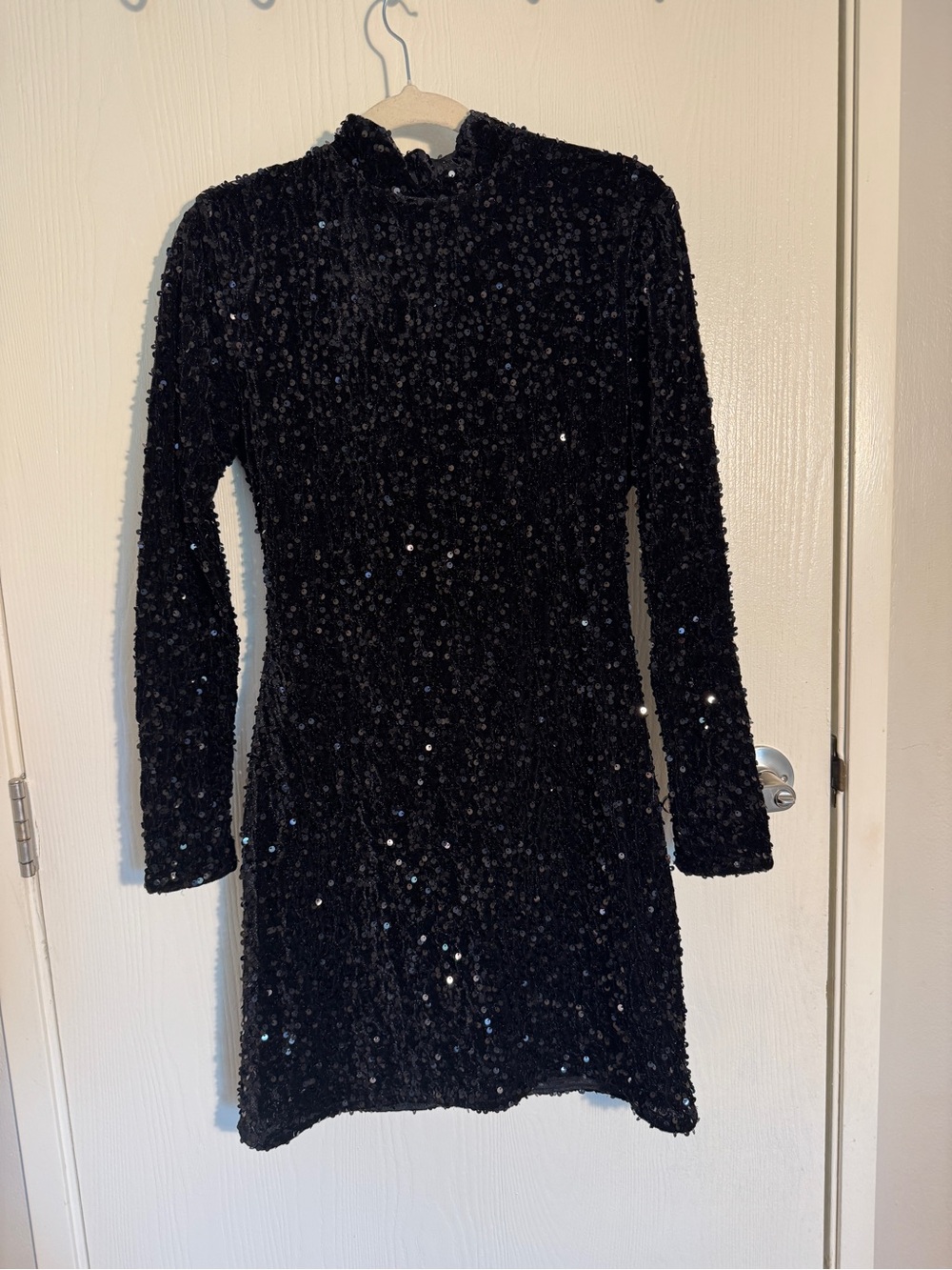 Aqua Black Velvety Long-Sleeve Mock Neck Sequin Mini Dress